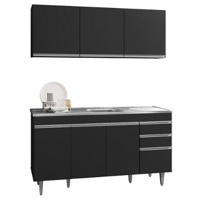 Armário Aéreo Argélia E Balcão Gabinete Com Pia Inox Marrocos 150cm Preto - Lumil Móveis