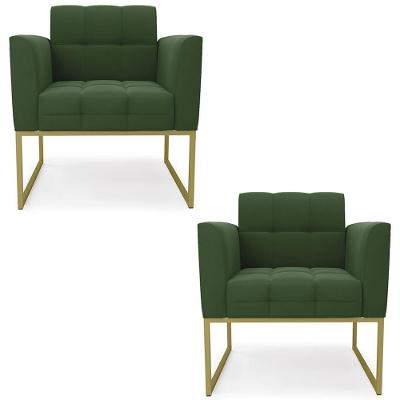 Poltrona Base Industrial Dourado Kit 2 Ana Suede Verde - Ibiza