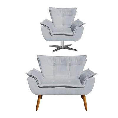 Kit Namoradeira 2 Lugares E 1 Poltrona Decorativa Giratória Cromada Opla Suede Cinza - Ibiza