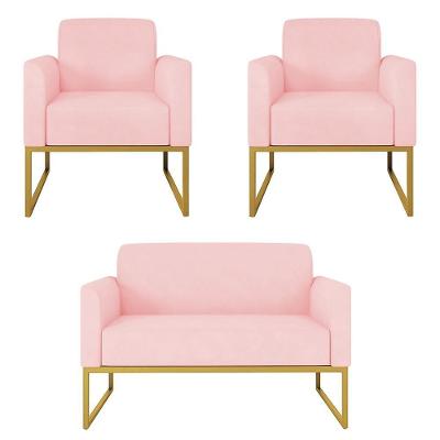 Kit Namoradeira E 2 Poltronas Decorativas Base Industrial Dourada Maressa S19 Suede Rosa Bebê - Ibiza