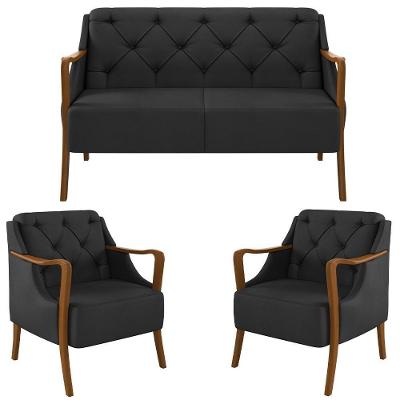 Kit Namoradeira 135cm E 2 Poltronas Decorativas Capitonê Lapa M22 Pu Preto - Mpozenato