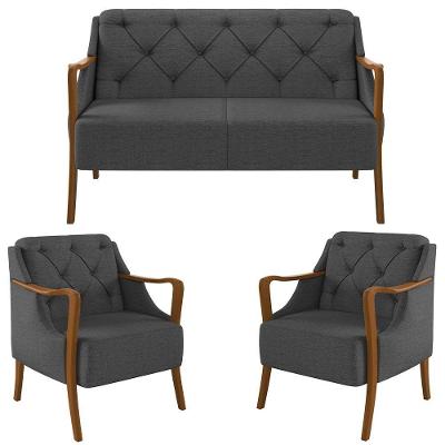 Kit Namoradeira 135cm E 2 Poltronas Decorativas Capitonê Lapa M22 Linho Cinza Escuro - Mpozenato