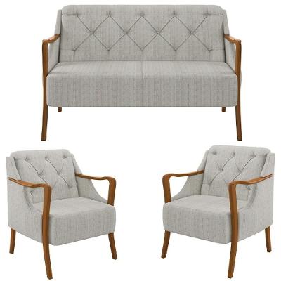 Kit Namoradeira 135cm E 2 Poltronas Decorativas Capitonê Lapa M22 Linho Cru - Mpozenato