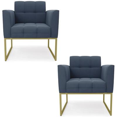 Poltrona Base Industrial Dourado Kit 2 Ana Suede Azul Marinho - Ibiza