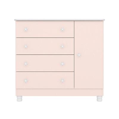Cômoda Infantil 1 Porta E 4 Gavetas Doce Sonho Rosa Acetinado Com Pés - Qmovi Rosa Acetinado