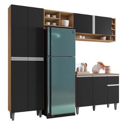 Cozinha Modulada Vanessa 230cm Paneleiro, Balcão Com Tampo Mdp E Aéreo Amêndoa-preto - Ajl Móveis Amêndoa-preto
