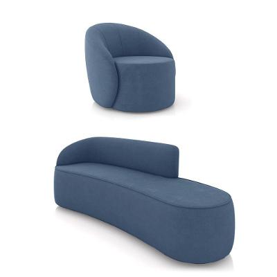 Sofá 4 Lugares Orgânico 220cm Morgan E Poltrona Lua Suede Azul M D03 - D'rossi