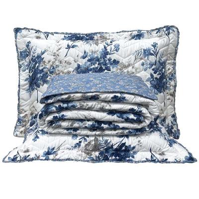Kit Cobre Leito Colcha Lislie Queen 3 Peças Percal 300 Fios Dupla Face Estampado - Buque Azul - 100% Poliéster