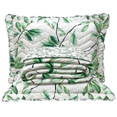 Kit Cobre Leito Colcha Lislie King 3 Peças Percal 300 Fios Dupla Face Estampado - Floral Verde - 100% Poliéster