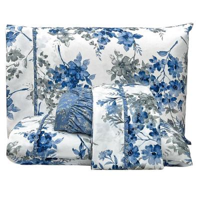 Jogo De Lençol Lislie Queen 4 Peças Micropercal 300 Fios Estampado Floral - Azul Flores - 100% Poliéster