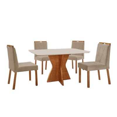 Conjunto Sala De Jantar Mesa Madri 120x80cm Tampo Retângular Vidro Off White Com 4 Cadeiras Bela Veludo Bege