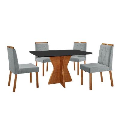 Conjunto Sala De Jantar Mesa Madri 120x80cm Tampo Retângular Vidro Preto Com 4 Cadeiras Bela Linho Cinza