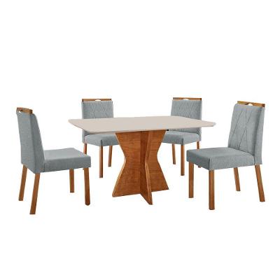 Conjunto Sala De Jantar Mesa Madri 120x80cm Tampo Retângular Vidro Off White Com 4 Cadeiras Bela Linho Cinza