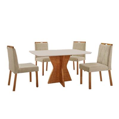 Conjunto Sala De Jantar Mesa Madri 120x80cm Tampo Retângular Vidro Off White Com 4 Cadeiras Bela Linho Bege