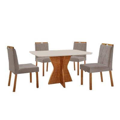 Conjunto Sala De Jantar Mesa Madri 120x80cm Tampo Retângular Vidro Off White Com 4 Cadeiras Bela Veludo Cinza