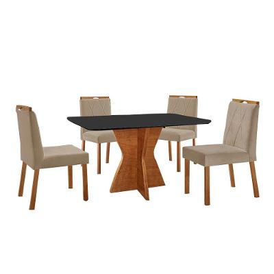 Conjunto Sala De Jantar Mesa Madri 120x80cm Tampo Retângular Vidro Preto Com 4 Cadeiras Bela Veludo Bege