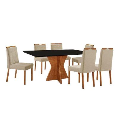 Conjunto Sala De Jantar Mesa Madri 160x90cm Tampo Retângular Vidro Preto Com 6 Cadeiras Linho Bege