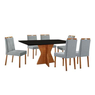 Conjunto Sala De Jantar Mesa Madri 160x90cm Tampo Retângular Vidro Preto Com 6 Cadeiras Linho Cinza