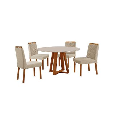 Conjunto Sala De Jantar Mesa Floripa 110cm Tampo Redondo Vidro-mdf Off White Com 4 Cadeiras Dallas Linho Bege