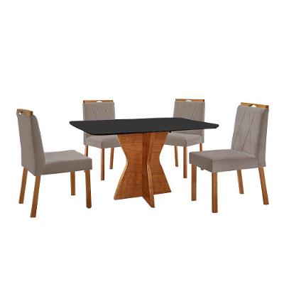 Conjunto Sala De Jantar Mesa Madri 120x80cm Tampo Retângular Vidro Preto Com 4 Cadeiras Bela Veludo Cinza