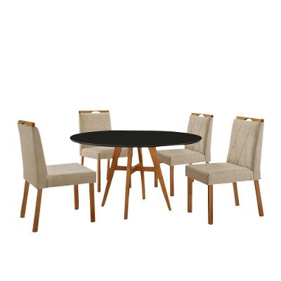 Conjunto Sala De Jantar Mesa Atenas Madeira Maciça 110cm Tampo Redondo Vidro Preto Com 4 Cadeiras Bela Linho Bege