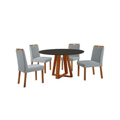 Conjunto Sala De Jantar Mesa Floripa 110cm Tampo Redondo Vidro-mdf Preto Com 4 Cadeiras Dallas Linho Cinza