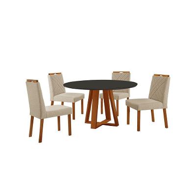 Conjunto Sala De Jantar Mesa Floripa 110cm Tampo Redondo Vidro-mdf Preto Com 4 Cadeiras Dallas Linho Bege