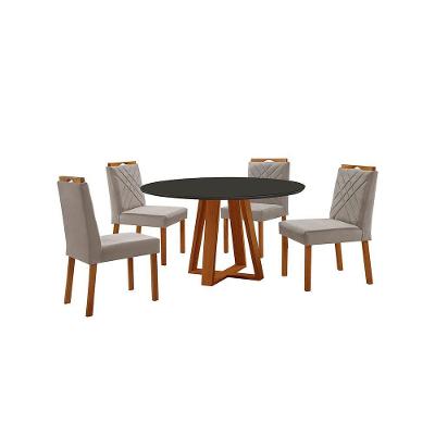 Conjunto Sala De Jantar Mesa Floripa 110cm Tampo Redondo Vidro-mdf Preto Com 4 Cadeiras Dallas Veludo Cinza