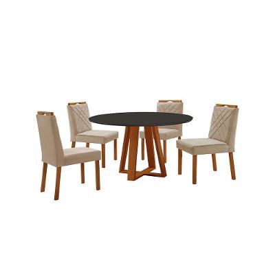 Conjunto Sala De Jantar Mesa Floripa 110cm Tampo Redondo Vidro-mdf Preto Com 4 Cadeiras Dallas Veludo Bege