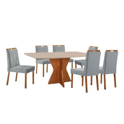 Conjunto Sala De Jantar Mesa Madri 160x90cm Tampo Retângular Vidro Off White Com 6 Cadeiras Bela Linho Cinza