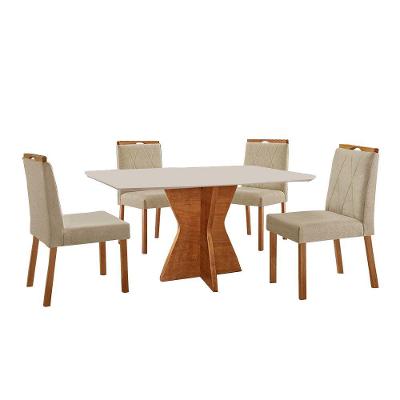 Conjunto Sala De Jantar Mesa Madri 140x80cm Tampo Retângular Vidro Off White Com 4 Cadeiras Bela Linho Bege