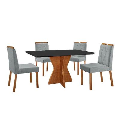 Conjunto Sala De Jantar Mesa Madri 140x80cm Tampo Retângular Vidro Preto Com 4 Cadeiras Bela Linho Cinza