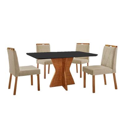 Conjunto Sala De Jantar Mesa Madri 140x80cm Tampo Retângular Vidro Preto Com 4 Cadeiras Bela Linho Bege