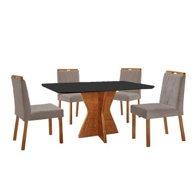 Conjunto Sala De Jantar Mesa Madri 140x80cm Tampo Retângular Vidro Preto Com 4 Cadeiras Bela Veludo Cinza