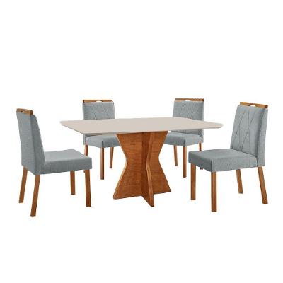 Conjunto Sala De Jantar Mesa Madri 140x80cm Tampo Retângular Vidro Off White Com 4 Cadeiras Bela Linho Cinza