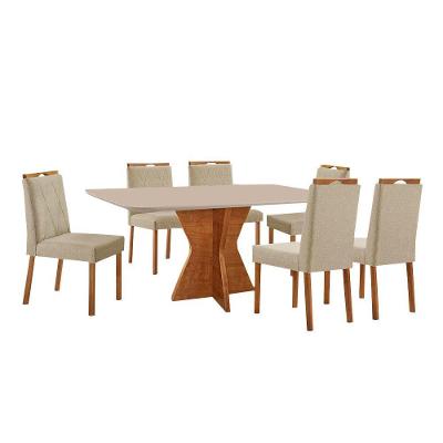 Conjunto Sala De Jantar Mesa Madri 160x90cm Tampo Retângular Vidro Off White Com 6 Cadeiras Bela Linho Bege