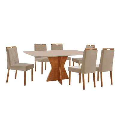 Conjunto Sala De Jantar Mesa Madri 160x90cm Tampo Retângular Vidro Off White Com 6 Cadeiras Bela Veludo Bege