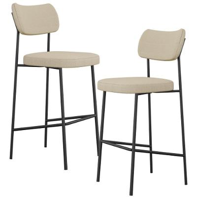 Kit 02 Banquetas Alta Bar Cozinha Sala De Jantar Preto Melina L02 Linho Bege Escuro - Lyam Decor