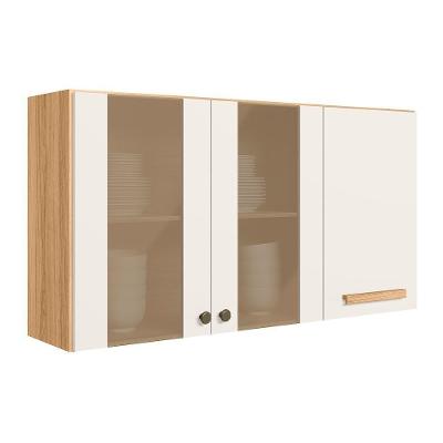 Armário Aéreo Intenza 120cm 3 Portas Freijó-off White Cristal Com Vidro Reflecta - Nicioli Freijó-off White Cristal