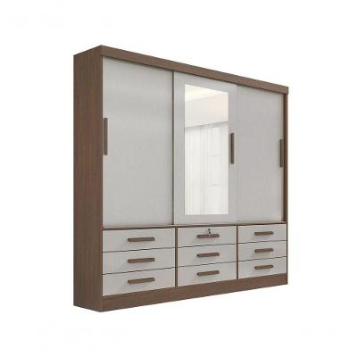 Guarda Roupa Casal Meridian Com Espelho 3 Portas 9 Gavetas Sem Pés - D' Doro Castanho/off White