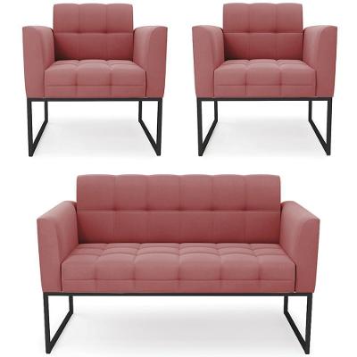Sofá Namoradeira E 2 Poltronas Base Industrial Preto Ana Suede Rosê - Ibiza