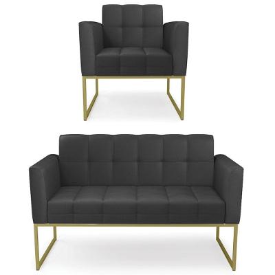 Sofá Namoradeira E 1 Poltrona Base Industrial Dourado Ana Sintético Preto - Ibiza