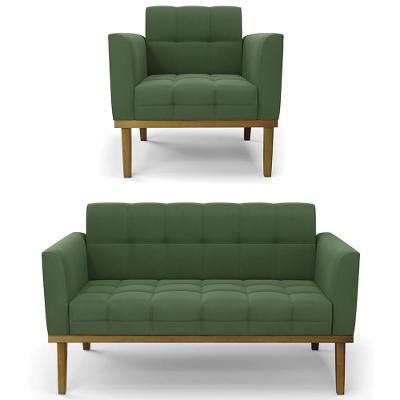 Sofá Namoradeira E 1 Poltrona Base Madeira Castanho Ana Suede Verde - Ibiza