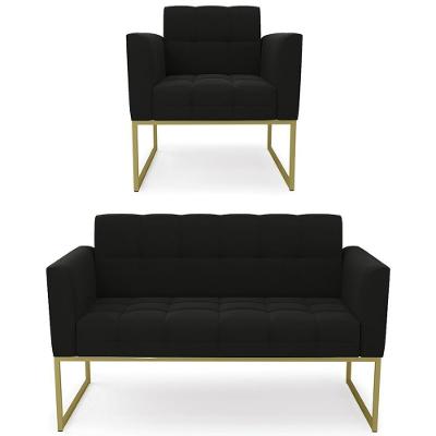Sofá Namoradeira E 1 Poltrona Base Industrial Dourado Ana Suede Preto - Ibiza