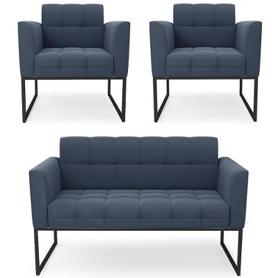 Sofá Namoradeira E 2 Poltronas Base Industrial Preto Ana Suede Azul Marinho - Ibiza