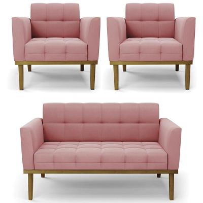 Sofá Namoradeira E 2 Poltronas Base Madeira Castanho Ana Suede Rosê - Ibiza