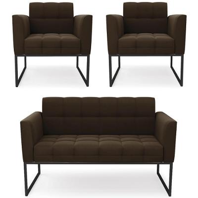 Sofá Namoradeira E 2 Poltronas Base Industrial Preto Ana Suede Marrom - Ibiza