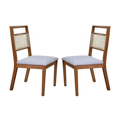 Conjunto 2 Cadeiras De Jantar Luna Com Rattan Veludo Off White Com Pés Em Madeira