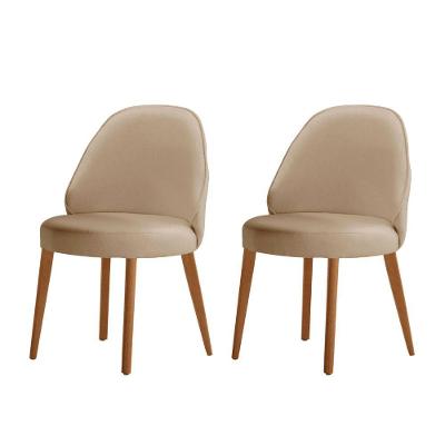 Conjunto Suíça Com 2 Cadeiras Madeira Moderna Mobília Veludo Bege / Imbuia Nat.