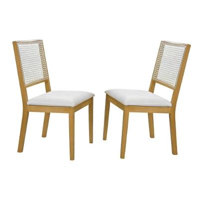 Conjunto 2 Cadeiras De Jantar Jade Com Rattan E Veludo Off White Com Pés Em Madeira